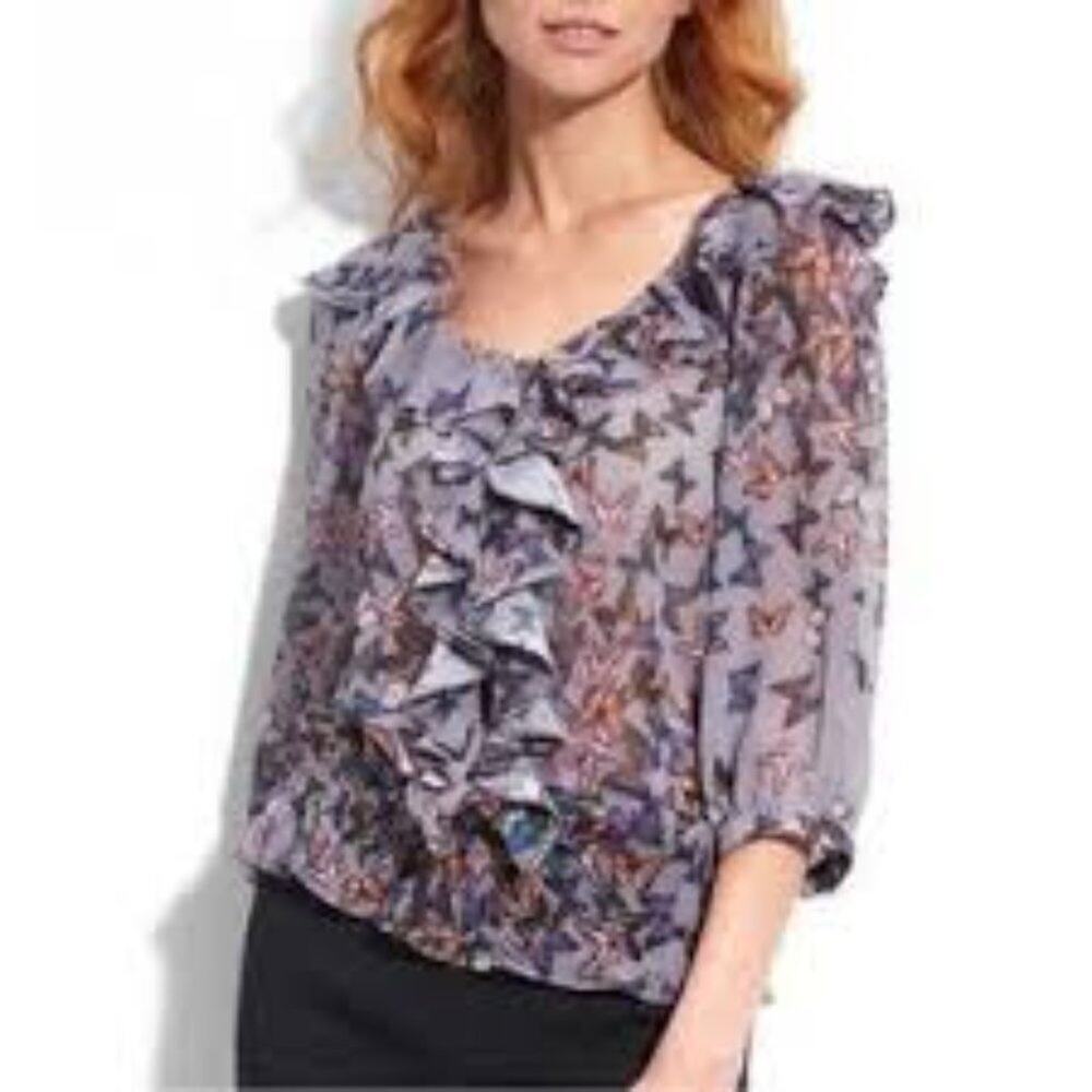 TED BAKER GRAY BUTTERFLY  RUFFLE BLOUSE SIZE 3 (MED)
